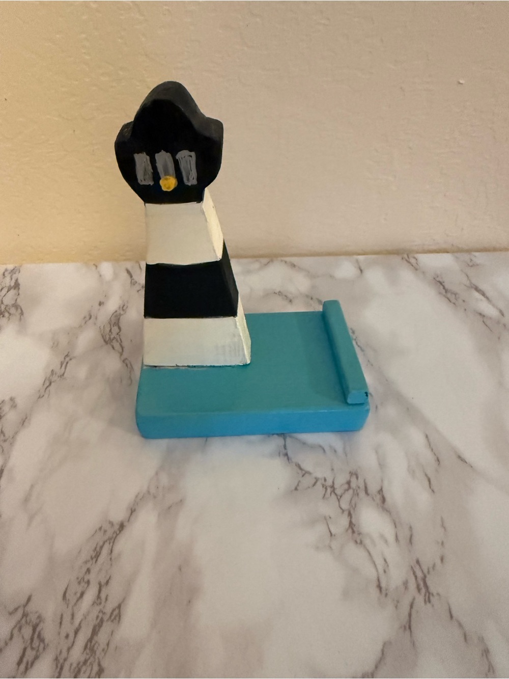 Handmade Wooden Lighthouse Phone Stand in Black, White & Aqua